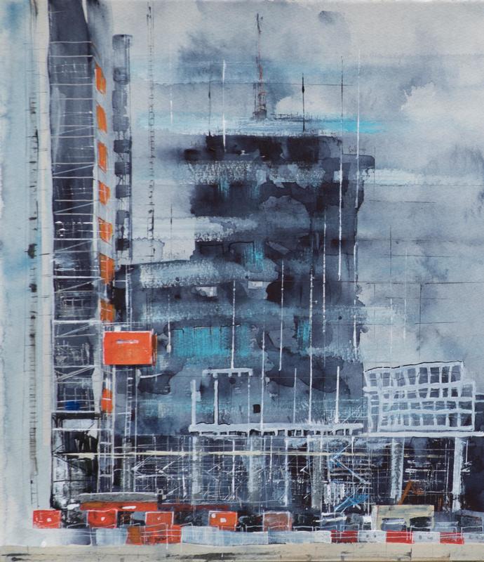 Reflection in Canary Wharf construction/watercolour/37x33cm