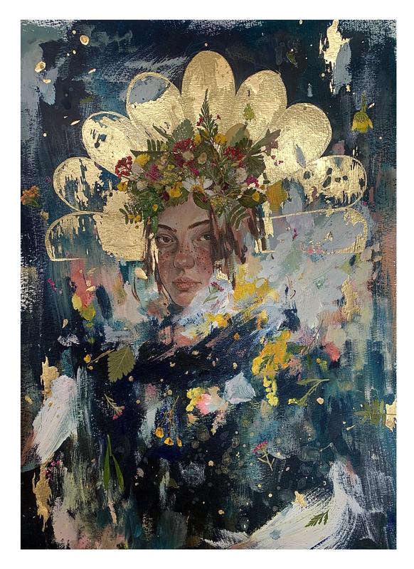 Leah the Gardner, Acrylic, Gold Ink and Pressed Wildflowers on Paper, 29 X 42 CM