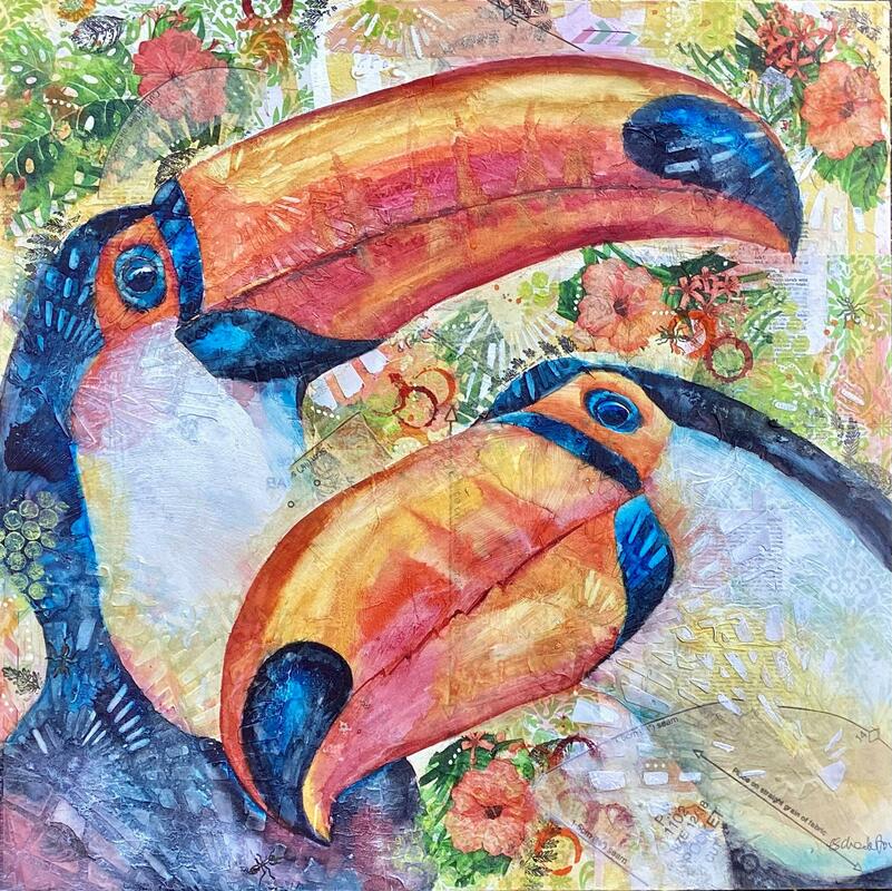 Two toco toucans mixed media 50x50cm