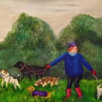 Walking the dogs, acrylic, greetings cards available
