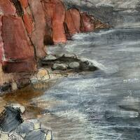 Sidmouth rock fall, mix media on paper, A2