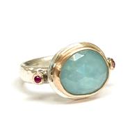 Silver and 9ct gold ring set with rose cut aquamarine and rubies