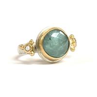 Silver and gold ring set with rose cut aquamarine and diamonds