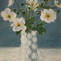Japanese Anemones in white vase - Oil on Canvas board
