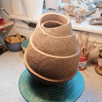 Iinverted coil pot, work in progress / stoneware crank/ 25cm tall