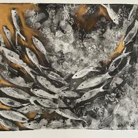 Gold fish/Monoprint using gelplate/35x30cm