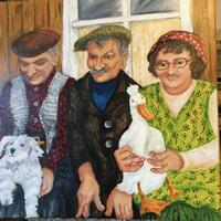 Reuben, Tom and Mabel with Dusty and Gertrude.  Oil on stretched canvas. 50x50cm