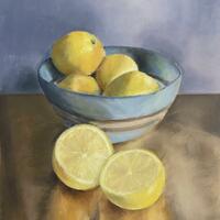 Five lemons and blue bowl. Oil. 12x8 inches