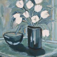 White Tulips in blue vase/acrylic on board/53 x 44 cm framed