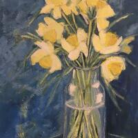 Daffodils in glass jar/Acrylic on board/35 x 46 cm