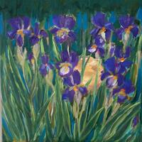 Purple Irises with Greek pot/Acrylic on canvas/50 x 50 cm