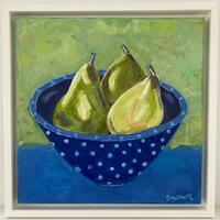 Three pears in blue bowl/ Acrylic on Canvas/ framed/ 45x 45 cm