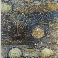 Title Planets collagraph and mixed media artwork 15cm x 10cm