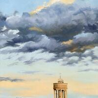 Tilehurst Water tower, early February evening / Oil on canvas board / 41cm x 51cm
