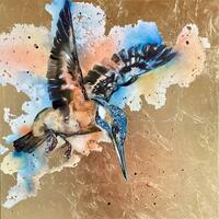 Halcyon bird ink watercolour and metal leaf on canvas 50x50cm