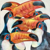 A durante of toucans watercolour on canvas 50x50cm