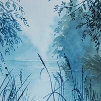 Lake, early morning - watercolour - 7" x 9"