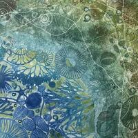The Waters Edge -Monoprint with pressed seaweed, hand cut stencils and ammonites - 420mm x 420mm