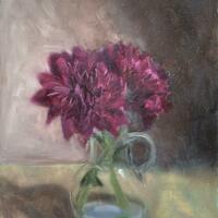 Small jar of deep purple carnations, Oil on panel, 6x8 inches