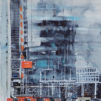 Reflection in Canary Wharf construction/watercolour/37x33cm