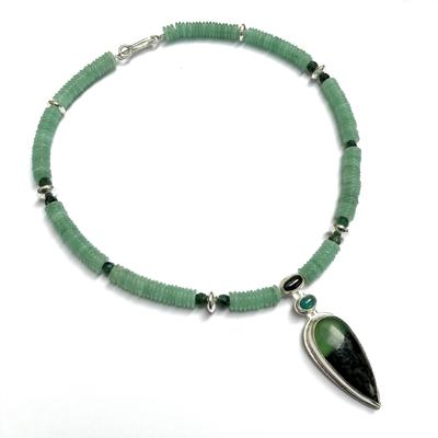 Serpentine, chalcedony and tourmaline pendant set in silver with aventurine beads