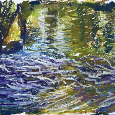 Fast stream passing backwater at Pangbourne. Oil pastel. A4 size.