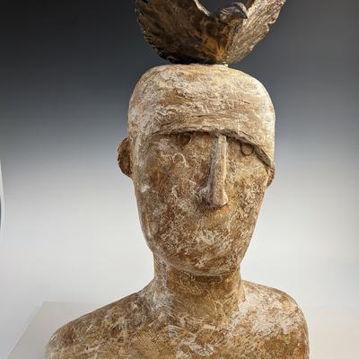 Man with bronze bird/ Stoneware/44cmx66cm