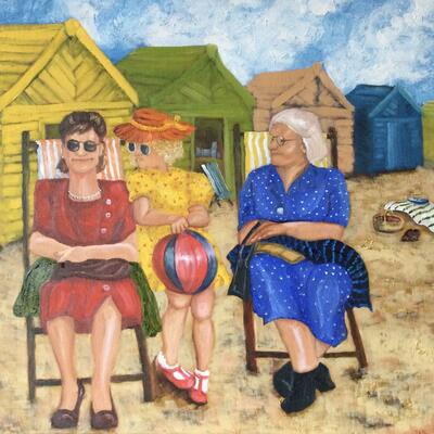 A day at the Seaside 1950.  Oil on box canvas 50cm x 50cm
