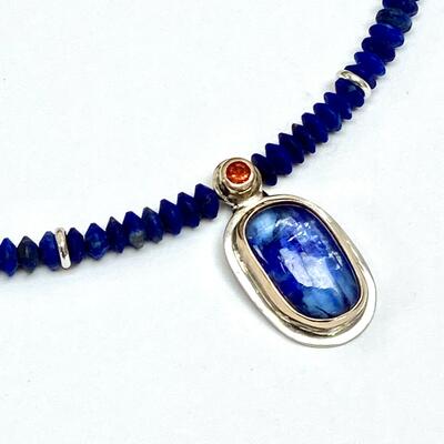 Kyanite & fire opal set in gold and silver, with lapis lazuli beads