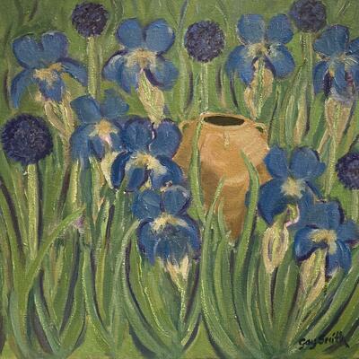 Blue Irises & Alliums with Greek pot/ oil on canvas/ 40 x 40 cm