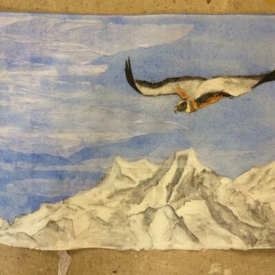 Lammergeier over the Indian Himalaya. Watercolour and collage 420x300mm
