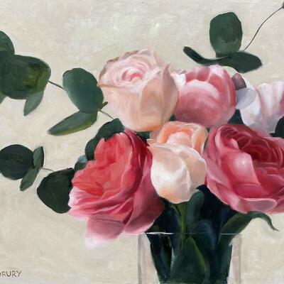 Pink and White Flowers, Oil on panel, 10 x 14 inches