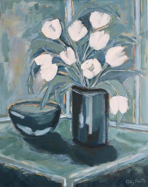 White Tulips in blue vase - Acrylic on board - 54 x 44 cm