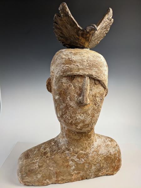 Man with bronze bird/ Stoneware/44cmx66cm