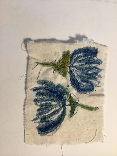 Hibiscus, France August 22/23 FreehandMachineEmbroidery on Handpainted Vintage french Linen