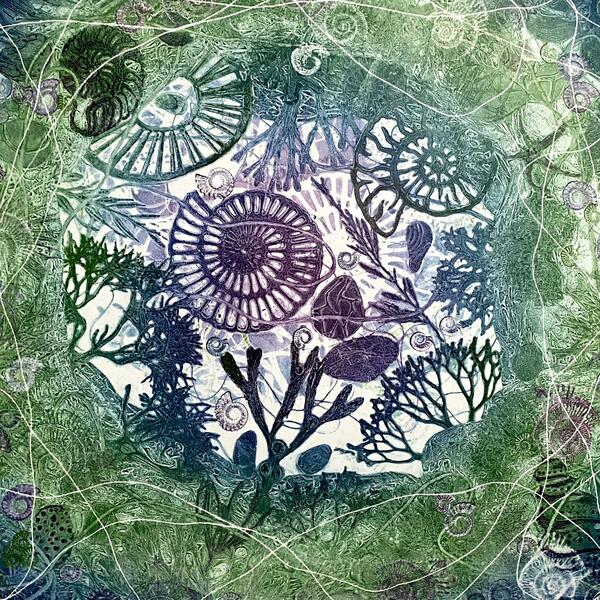 'Above & Below' - Mono Print with pressed seaweed, hand cut stencils and ammonites
