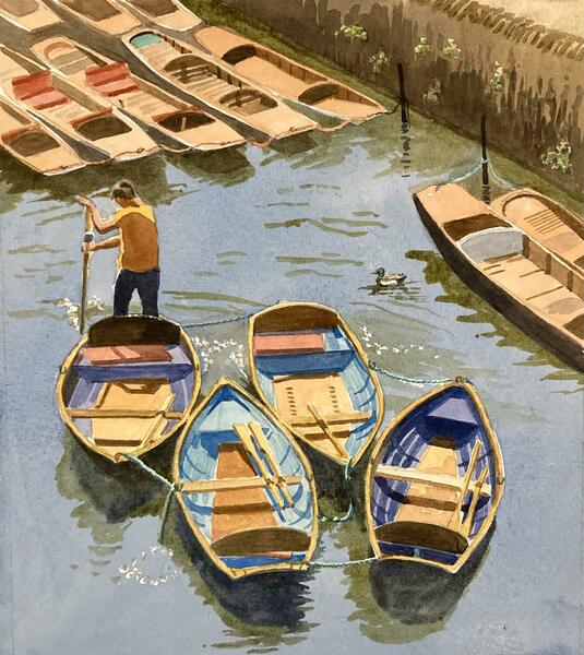 Boats near Magdalen Bridge Oxford. Watercolour. 8”x10”