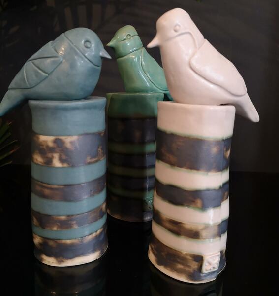  Bird Garden Sculptures / ceramic with glaze / 19 cms x 7 cms 