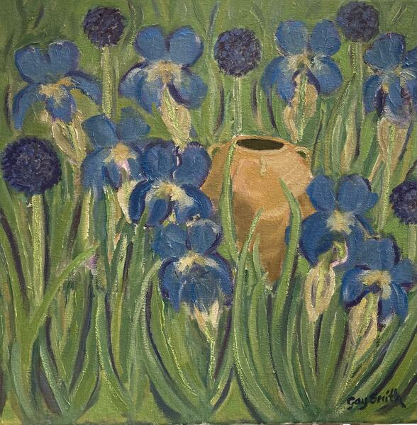 Blue Irises & Alliums with Greek pot/ oil on canvas/ 40 x 40 cm