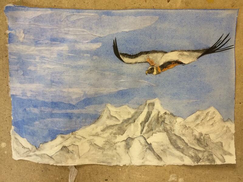 Lammergeier over the Indian Himalaya. Watercolour and collage 420x300mm