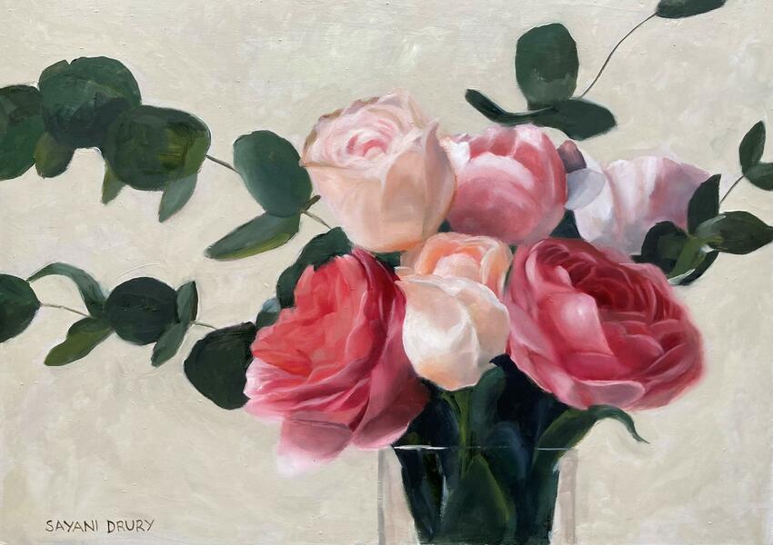 Pink and White Flowers, Oil on panel, 10 x 14 inches