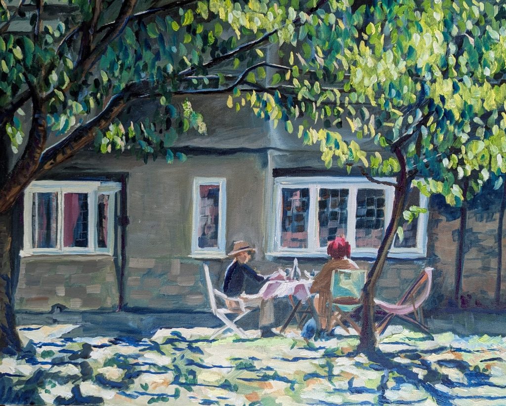 Lunch on the lawn of Tuckton Library, oil paint, 40cm x 30cm