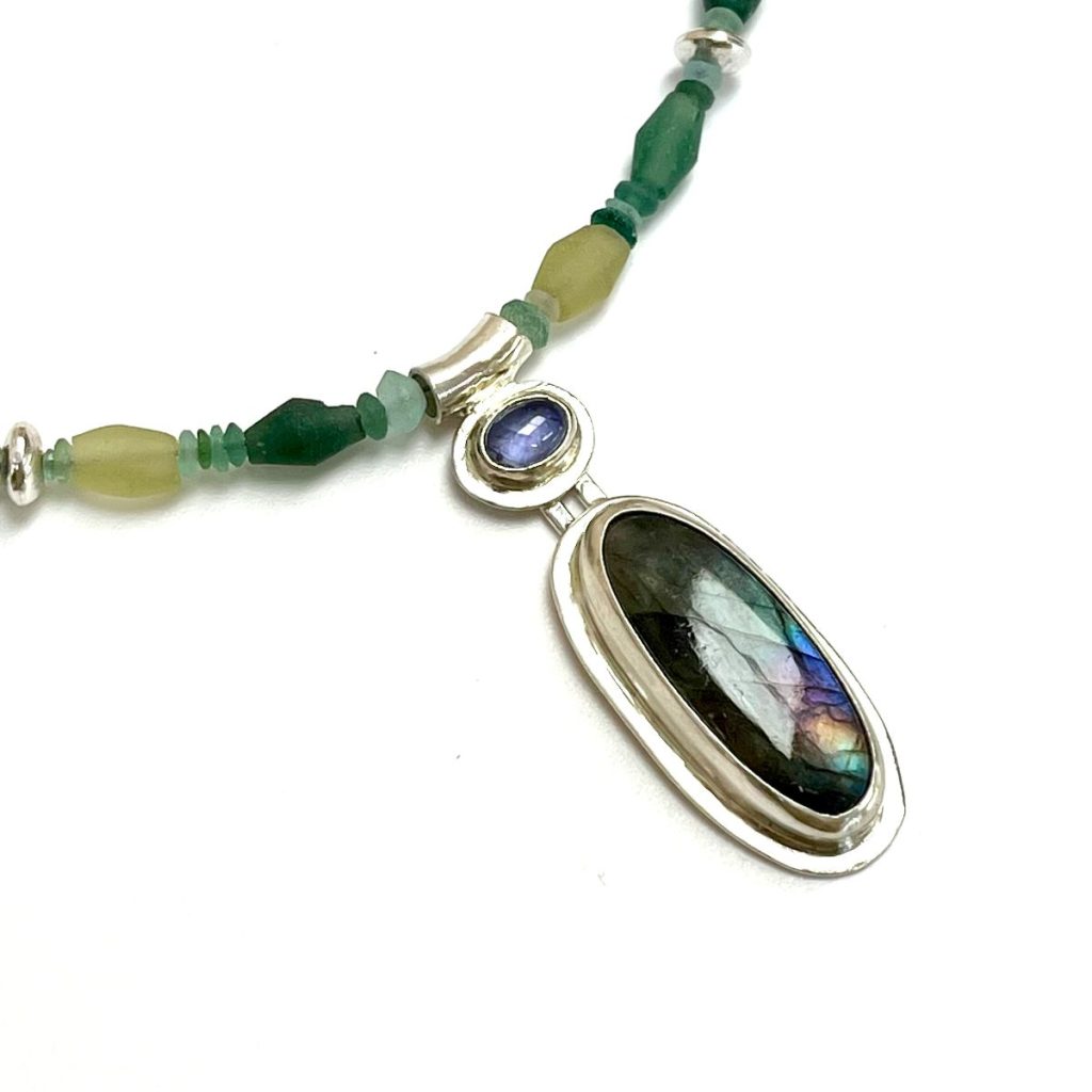 Labradorite and iolite pendant with antique glass beads