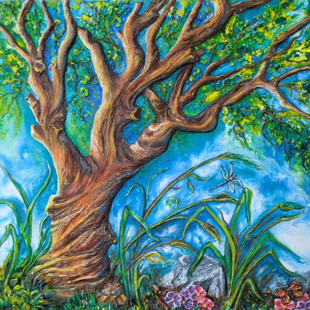 Lilac Tree by pond - Mixed media 40x40cm