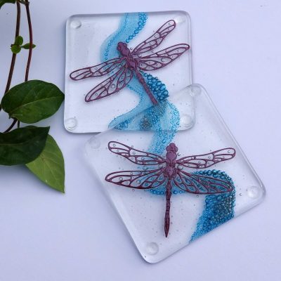 Dragonfly coasters using copper foil and oxide/Kiln formed glass/10 cm