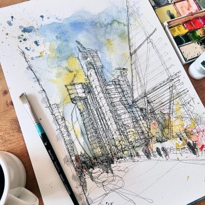 Lloyds Building, London- Pen & ink sketch study with expressive watercolour wash