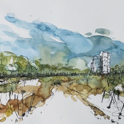 Donnington Castle, Newbury- Large scale pen & ink study with watercolour wash
