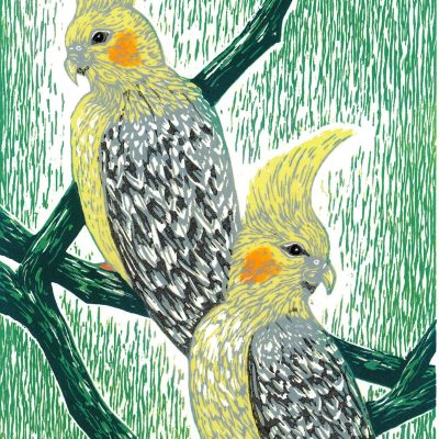 Cockatiels/linocut/29.5x14.5cm