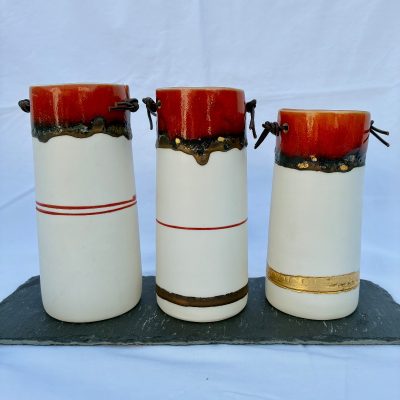 Red Bronze Triptych. Thrown porcelain.