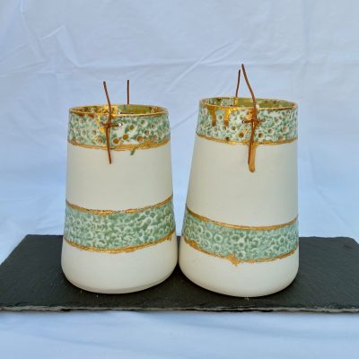 Green Gold Diptych. Thrown porcelain with gold leaf.